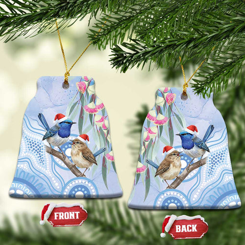 Australia Superb Fairywren Christmas Ceramic Ornament Aboriginal Eucalyptus Blossoms Watercolor - Aussie Hoodie