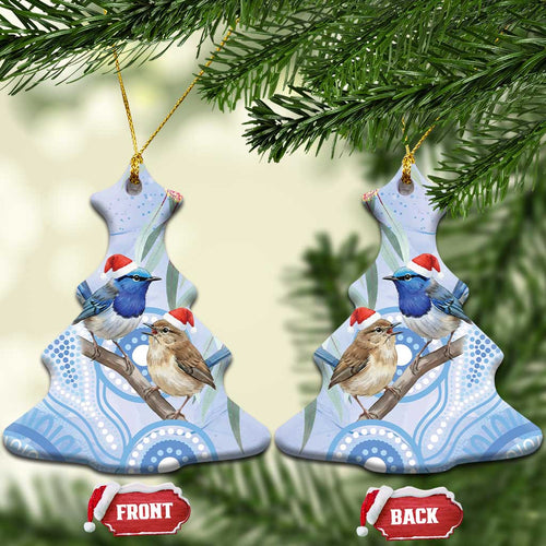 Australia Superb Fairywren Christmas Ceramic Ornament Aboriginal Eucalyptus Blossoms Watercolor - Aussie Hoodie