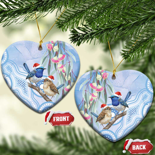 Australia Superb Fairywren Christmas Ceramic Ornament Aboriginal Eucalyptus Blossoms Watercolor - Aussie Hoodie