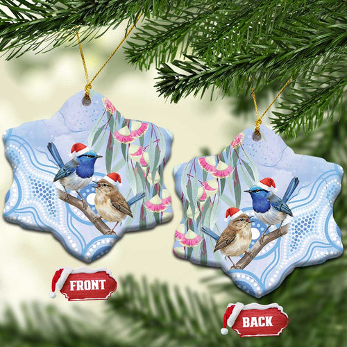 Australia Superb Fairywren Christmas Ceramic Ornament Aboriginal Eucalyptus Blossoms Watercolor - Aussie Hoodie