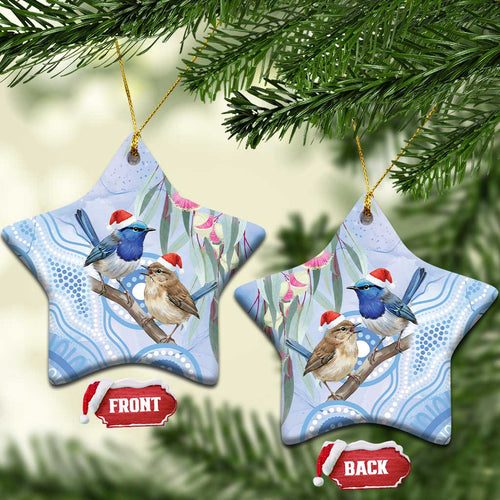 Australia Superb Fairywren Christmas Ceramic Ornament Aboriginal Eucalyptus Blossoms Watercolor - Aussie Hoodie