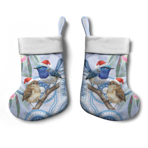 Australia Superb Fairywren Christmas Stocking Aboriginal Eucalyptus Blossoms Watercolor - Aussie Hoodie