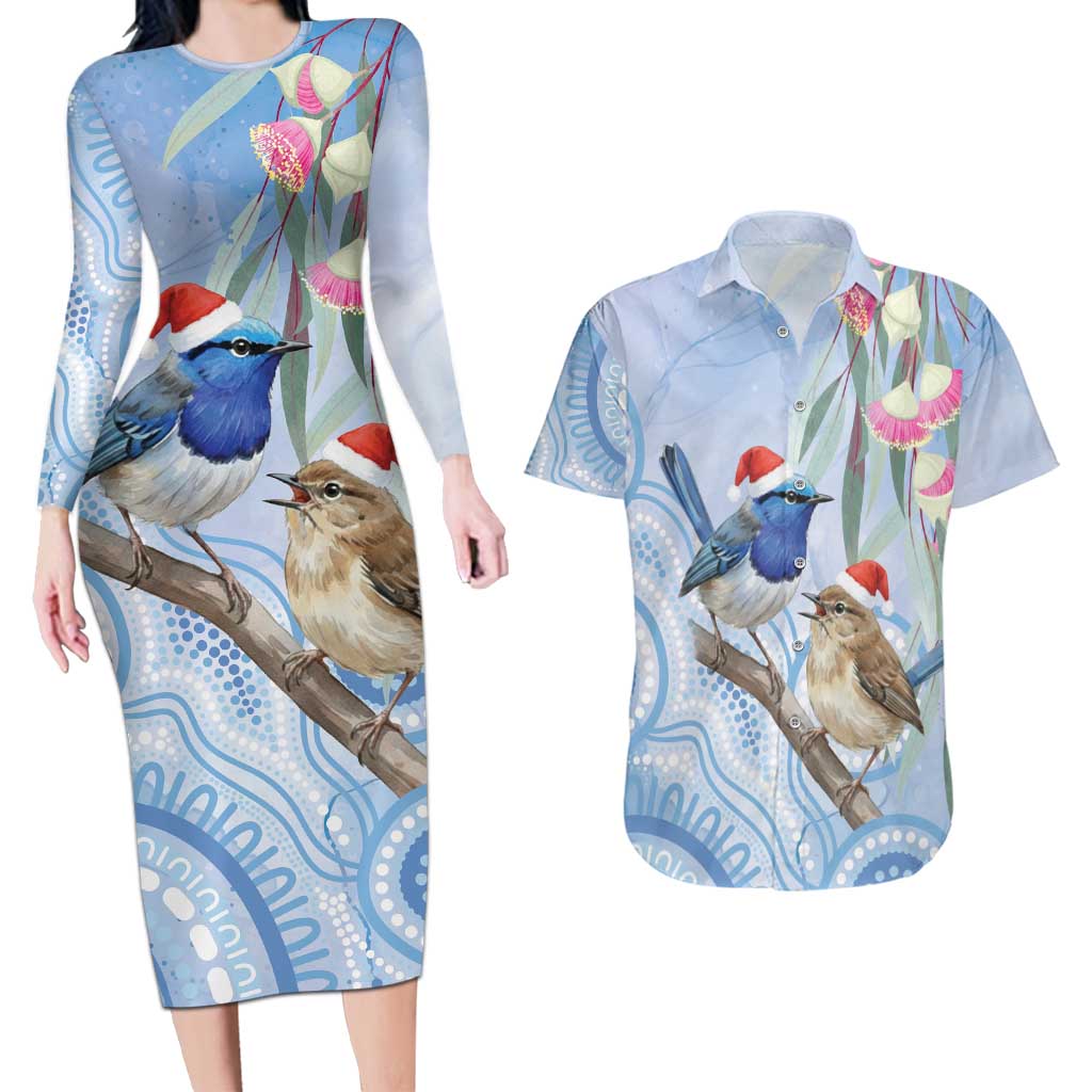 Australia Superb Fairywren Christmas Couples Matching Long Sleeve Bodycon Dress and Hawaiian Shirt Aboriginal Eucalyptus Blossoms Watercolor - Aussie Hoodie