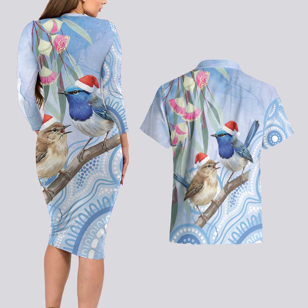 Australia Superb Fairywren Christmas Couples Matching Long Sleeve Bodycon Dress and Hawaiian Shirt Aboriginal Eucalyptus Blossoms Watercolor - Aussie Hoodie