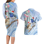 Australia Superb Fairywren Christmas Couples Matching Long Sleeve Bodycon Dress and Hawaiian Shirt Aboriginal Eucalyptus Blossoms Watercolor - Aussie Hoodie