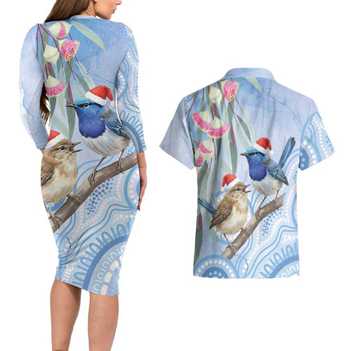 Australia Superb Fairywren Christmas Couples Matching Long Sleeve Bodycon Dress and Hawaiian Shirt Aboriginal Eucalyptus Blossoms Watercolor - Aussie Hoodie