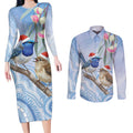 Australia Superb Fairywren Christmas Couples Matching Long Sleeve Bodycon Dress and Long Sleeve Button Shirt Aboriginal Eucalyptus Blossoms Watercolor - Aussie Hoodie