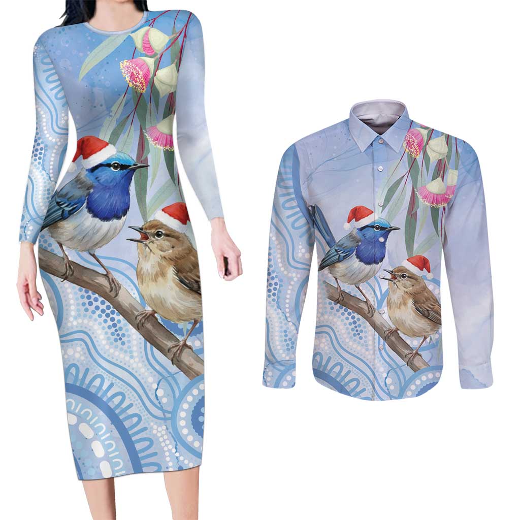 Australia Superb Fairywren Christmas Couples Matching Long Sleeve Bodycon Dress and Long Sleeve Button Shirt Aboriginal Eucalyptus Blossoms Watercolor - Aussie Hoodie
