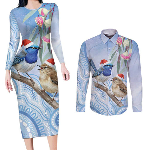 Australia Superb Fairywren Christmas Couples Matching Long Sleeve Bodycon Dress and Long Sleeve Button Shirt Aboriginal Eucalyptus Blossoms Watercolor - Aussie Hoodie
