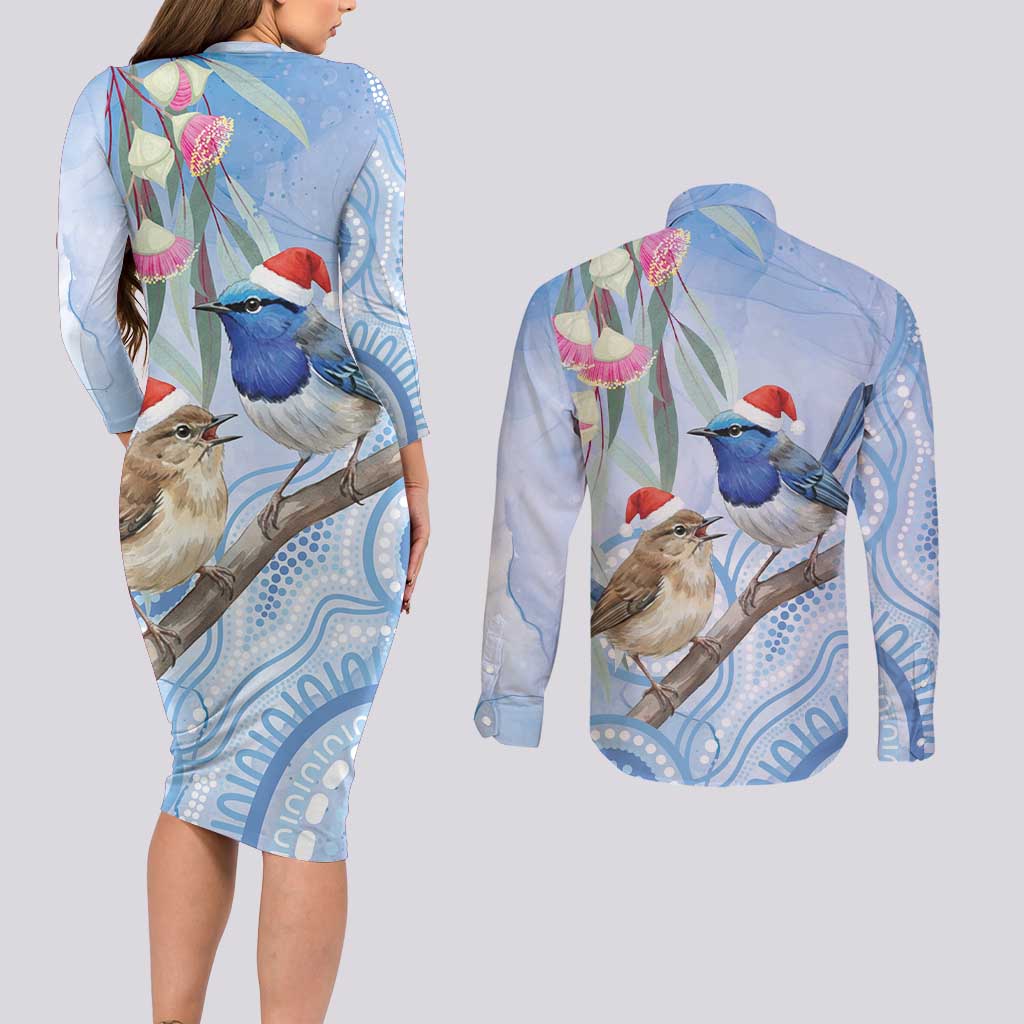 Australia Superb Fairywren Christmas Couples Matching Long Sleeve Bodycon Dress and Long Sleeve Button Shirt Aboriginal Eucalyptus Blossoms Watercolor - Aussie Hoodie