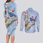 Australia Superb Fairywren Christmas Couples Matching Long Sleeve Bodycon Dress and Long Sleeve Button Shirt Aboriginal Eucalyptus Blossoms Watercolor - Aussie Hoodie