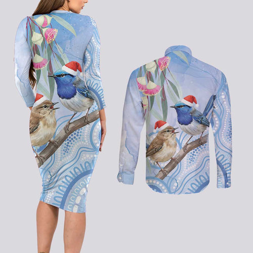 Australia Superb Fairywren Christmas Couples Matching Long Sleeve Bodycon Dress and Long Sleeve Button Shirt Aboriginal Eucalyptus Blossoms Watercolor - Aussie Hoodie