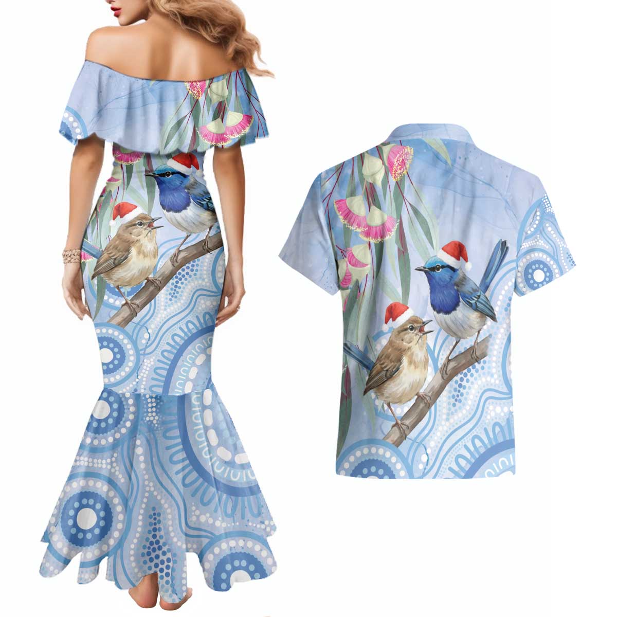 Australia Superb Fairywren Christmas Couples Matching Mermaid Dress and Hawaiian Shirt Aboriginal Eucalyptus Blossoms Watercolor - Aussie Hoodie