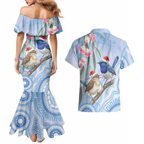 Australia Superb Fairywren Christmas Couples Matching Mermaid Dress and Hawaiian Shirt Aboriginal Eucalyptus Blossoms Watercolor - Aussie Hoodie