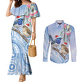 Australia Superb Fairywren Christmas Couples Matching Mermaid Dress and Long Sleeve Button Shirt Aboriginal Eucalyptus Blossoms Watercolor - Aussie Hoodie