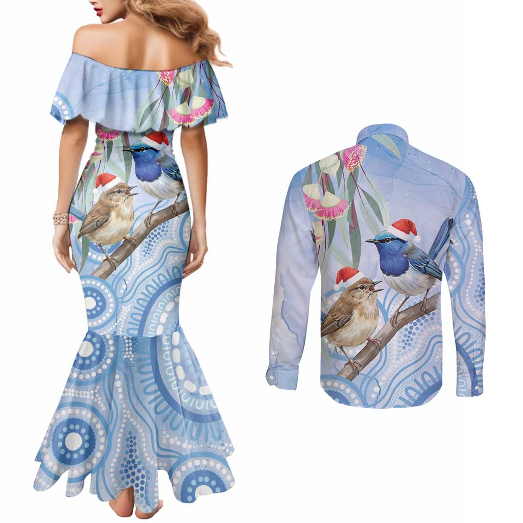 Australia Superb Fairywren Christmas Couples Matching Mermaid Dress and Long Sleeve Button Shirt Aboriginal Eucalyptus Blossoms Watercolor - Aussie Hoodie
