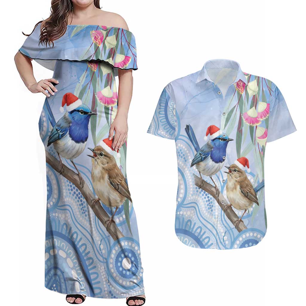 Australia Superb Fairywren Christmas Couples Matching Off Shoulder Maxi Dress and Hawaiian Shirt Aboriginal Eucalyptus Blossoms Watercolor - Aussie Hoodie