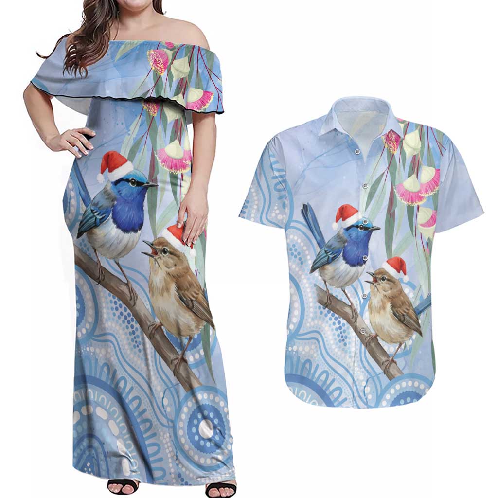 Australia Superb Fairywren Christmas Couples Matching Off Shoulder Maxi Dress and Hawaiian Shirt Aboriginal Eucalyptus Blossoms Watercolor - Aussie Hoodie