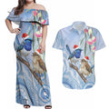 Australia Superb Fairywren Christmas Couples Matching Off Shoulder Maxi Dress and Hawaiian Shirt Aboriginal Eucalyptus Blossoms Watercolor - Aussie Hoodie