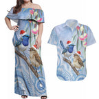 Australia Superb Fairywren Christmas Couples Matching Off Shoulder Maxi Dress and Hawaiian Shirt Aboriginal Eucalyptus Blossoms Watercolor - Aussie Hoodie