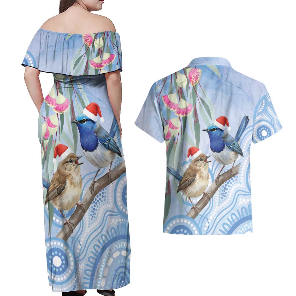Australia Superb Fairywren Christmas Couples Matching Off Shoulder Maxi Dress and Hawaiian Shirt Aboriginal Eucalyptus Blossoms Watercolor - Aussie Hoodie