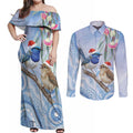 Australia Superb Fairywren Christmas Couples Matching Off Shoulder Maxi Dress and Long Sleeve Button Shirt Aboriginal Eucalyptus Blossoms Watercolor - Aussie Hoodie