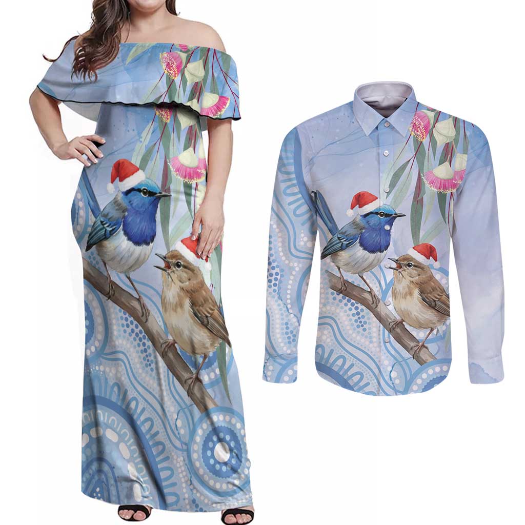 Australia Superb Fairywren Christmas Couples Matching Off Shoulder Maxi Dress and Long Sleeve Button Shirt Aboriginal Eucalyptus Blossoms Watercolor - Aussie Hoodie