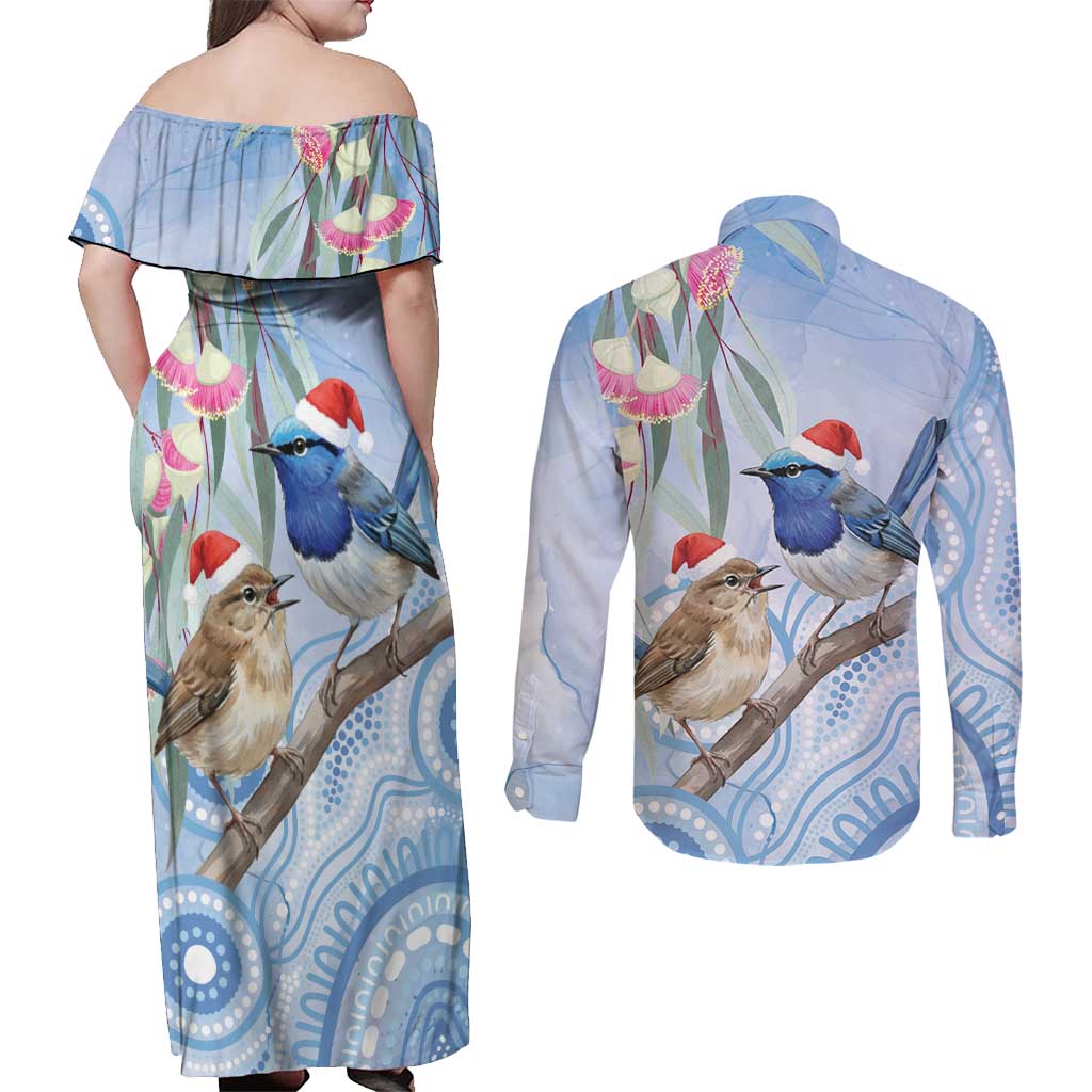 Australia Superb Fairywren Christmas Couples Matching Off Shoulder Maxi Dress and Long Sleeve Button Shirt Aboriginal Eucalyptus Blossoms Watercolor - Aussie Hoodie