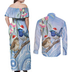 Australia Superb Fairywren Christmas Couples Matching Off Shoulder Maxi Dress and Long Sleeve Button Shirt Aboriginal Eucalyptus Blossoms Watercolor - Aussie Hoodie