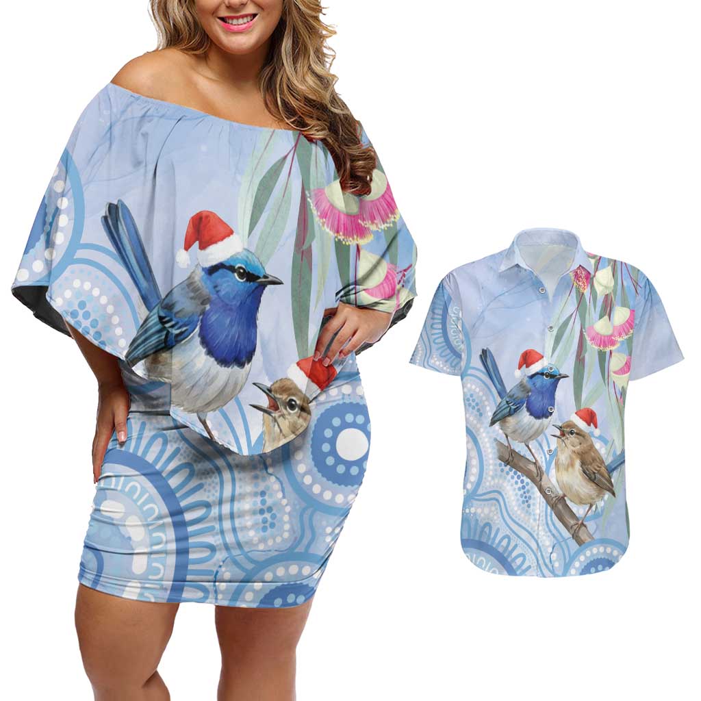 Australia Superb Fairywren Christmas Couples Matching Off Shoulder Short Dress and Hawaiian Shirt Aboriginal Eucalyptus Blossoms Watercolor - Aussie Hoodie