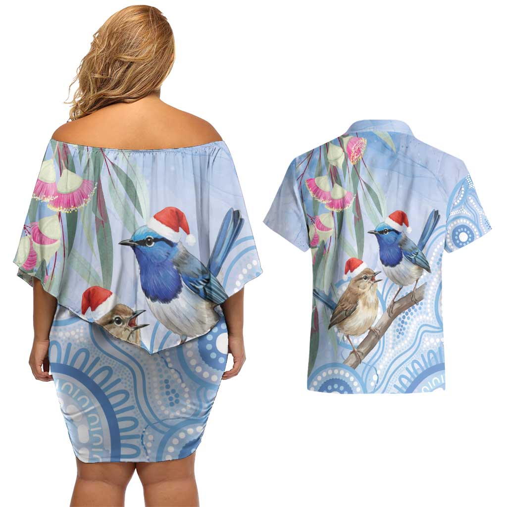 Australia Superb Fairywren Christmas Couples Matching Off Shoulder Short Dress and Hawaiian Shirt Aboriginal Eucalyptus Blossoms Watercolor - Aussie Hoodie