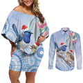 Australia Superb Fairywren Christmas Couples Matching Off Shoulder Short Dress and Long Sleeve Button Shirt Aboriginal Eucalyptus Blossoms Watercolor - Aussie Hoodie