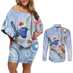 Australia Superb Fairywren Christmas Couples Matching Off Shoulder Short Dress and Long Sleeve Button Shirt Aboriginal Eucalyptus Blossoms Watercolor - Aussie Hoodie