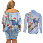 Australia Superb Fairywren Christmas Couples Matching Off Shoulder Short Dress and Long Sleeve Button Shirt Aboriginal Eucalyptus Blossoms Watercolor - Aussie Hoodie