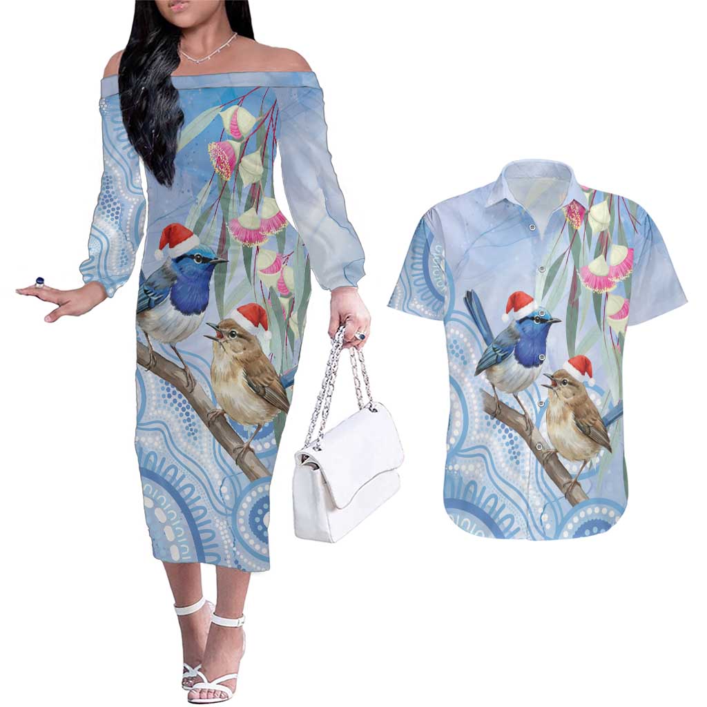 Australia Superb Fairywren Christmas Couples Matching Off The Shoulder Long Sleeve Dress and Hawaiian Shirt Aboriginal Eucalyptus Blossoms Watercolor - Aussie Hoodie