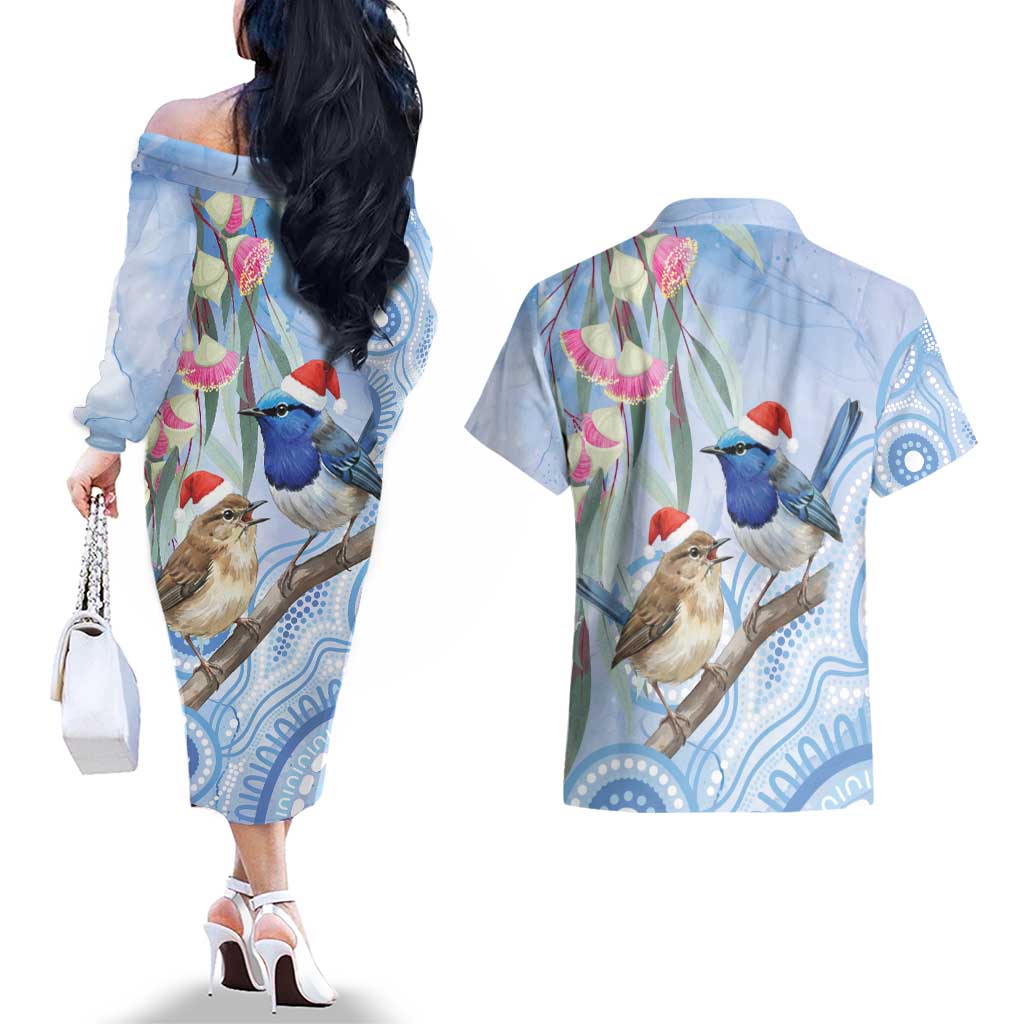 Australia Superb Fairywren Christmas Couples Matching Off The Shoulder Long Sleeve Dress and Hawaiian Shirt Aboriginal Eucalyptus Blossoms Watercolor - Aussie Hoodie