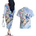 Australia Superb Fairywren Christmas Couples Matching Off The Shoulder Long Sleeve Dress and Hawaiian Shirt Aboriginal Eucalyptus Blossoms Watercolor - Aussie Hoodie