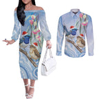 Australia Superb Fairywren Christmas Couples Matching Off The Shoulder Long Sleeve Dress and Long Sleeve Button Shirt Aboriginal Eucalyptus Blossoms Watercolor - Aussie Hoodie