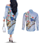 Australia Superb Fairywren Christmas Couples Matching Off The Shoulder Long Sleeve Dress and Long Sleeve Button Shirt Aboriginal Eucalyptus Blossoms Watercolor - Aussie Hoodie