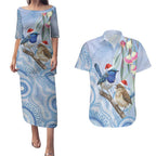 Australia Superb Fairywren Christmas Couples Matching Puletasi and Hawaiian Shirt Aboriginal Eucalyptus Blossoms Watercolor - Aussie Hoodie