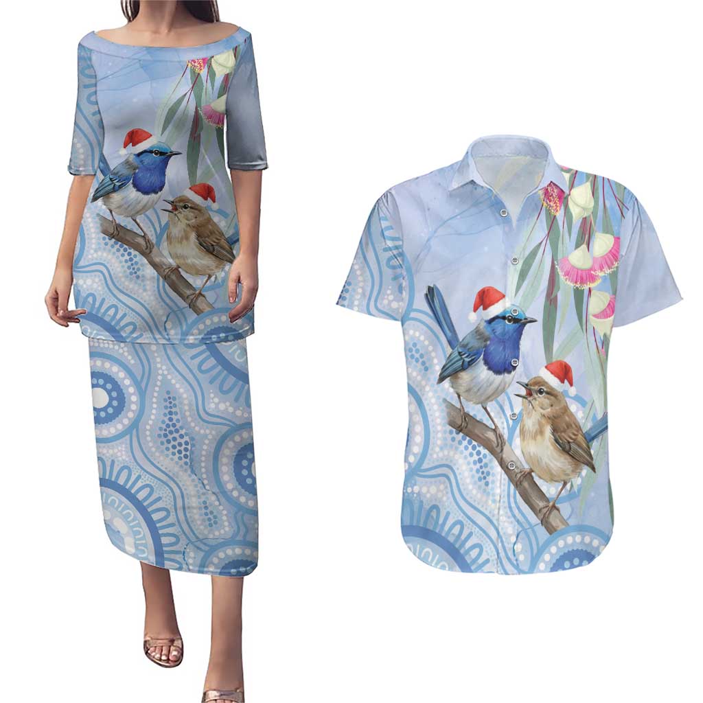 Australia Superb Fairywren Christmas Couples Matching Puletasi and Hawaiian Shirt Aboriginal Eucalyptus Blossoms Watercolor - Aussie Hoodie