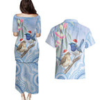 Australia Superb Fairywren Christmas Couples Matching Puletasi and Hawaiian Shirt Aboriginal Eucalyptus Blossoms Watercolor - Aussie Hoodie