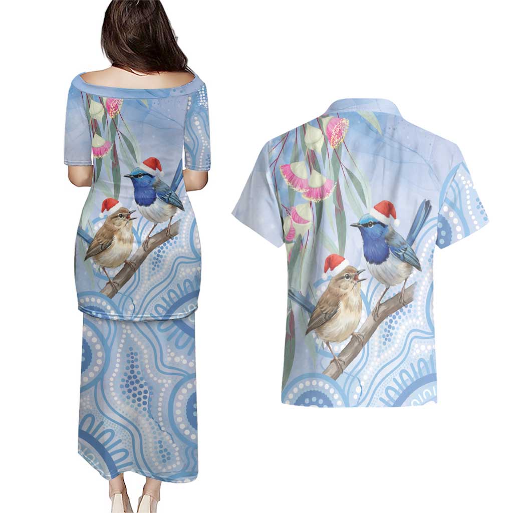 Australia Superb Fairywren Christmas Couples Matching Puletasi and Hawaiian Shirt Aboriginal Eucalyptus Blossoms Watercolor - Aussie Hoodie
