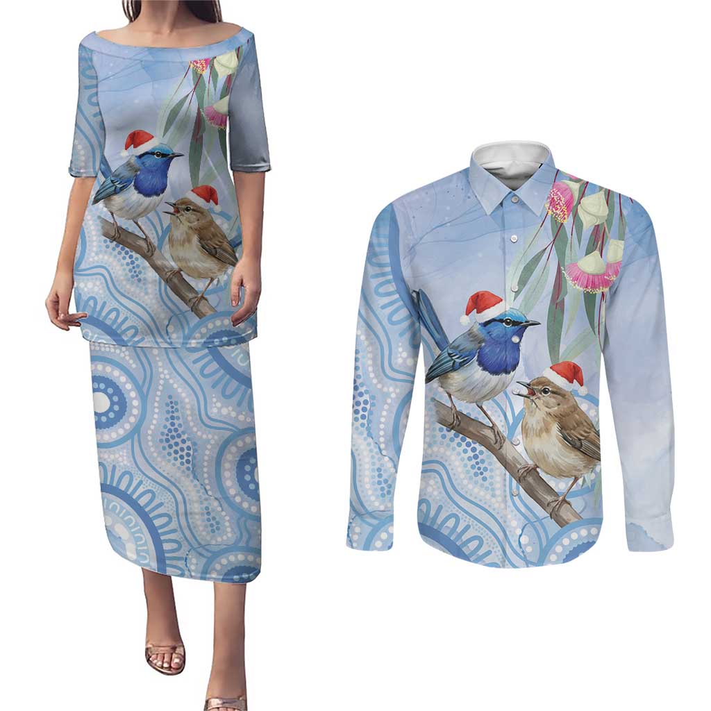 Australia Superb Fairywren Christmas Couples Matching Puletasi and Long Sleeve Button Shirt Aboriginal Eucalyptus Blossoms Watercolor - Aussie Hoodie