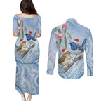 Australia Superb Fairywren Christmas Couples Matching Puletasi and Long Sleeve Button Shirt Aboriginal Eucalyptus Blossoms Watercolor - Aussie Hoodie