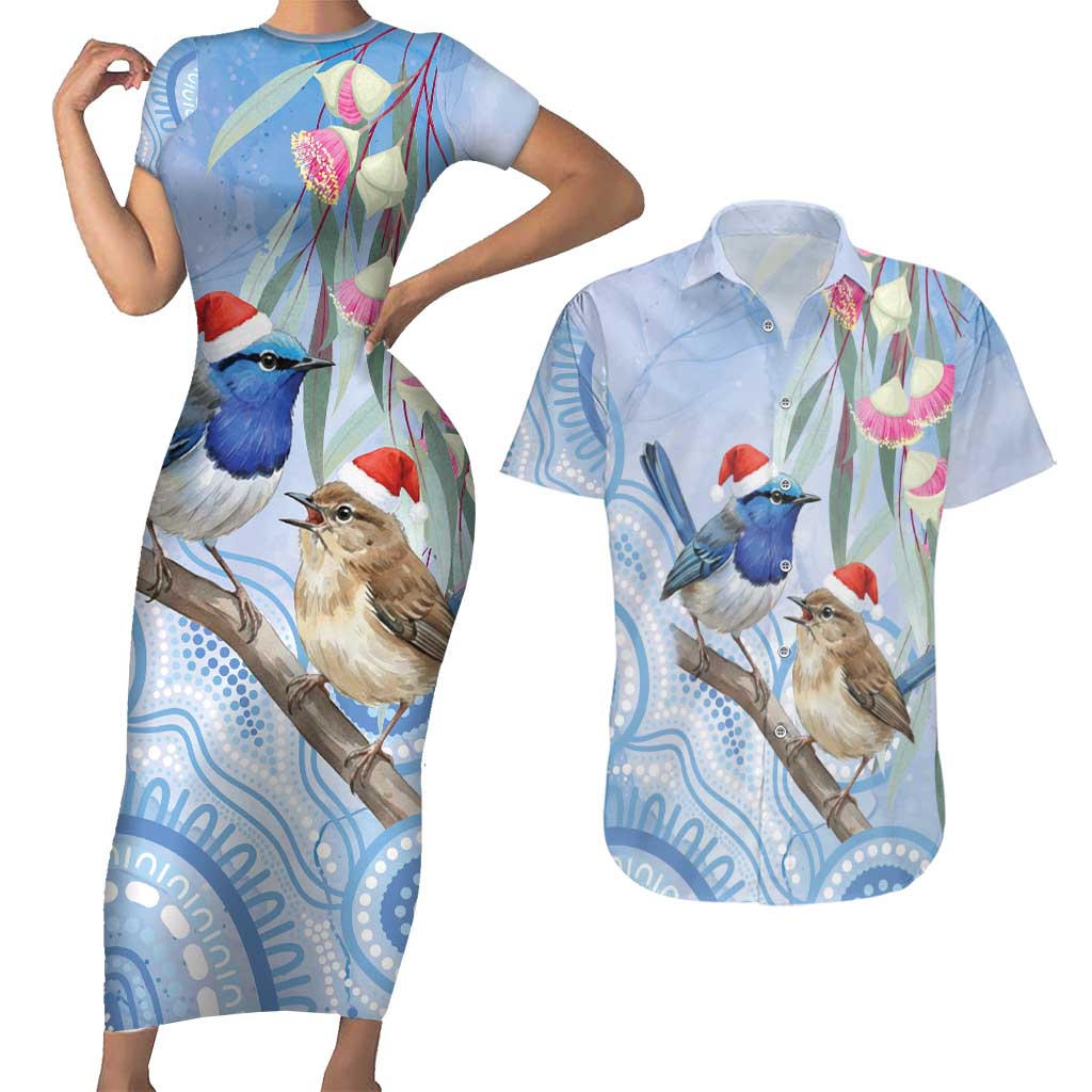 Australia Superb Fairywren Christmas Couples Matching Short Sleeve Bodycon Dress and Hawaiian Shirt Aboriginal Eucalyptus Blossoms Watercolor - Aussie Hoodie