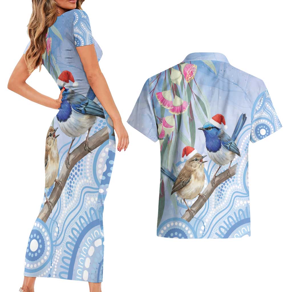 Australia Superb Fairywren Christmas Couples Matching Short Sleeve Bodycon Dress and Hawaiian Shirt Aboriginal Eucalyptus Blossoms Watercolor - Aussie Hoodie