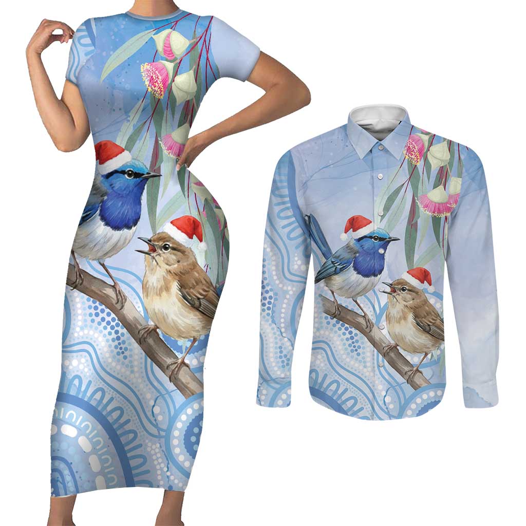 Australia Superb Fairywren Christmas Couples Matching Short Sleeve Bodycon Dress and Long Sleeve Button Shirt Aboriginal Eucalyptus Blossoms Watercolor - Aussie Hoodie