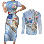 Australia Superb Fairywren Christmas Couples Matching Short Sleeve Bodycon Dress and Long Sleeve Button Shirt Aboriginal Eucalyptus Blossoms Watercolor - Aussie Hoodie
