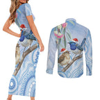 Australia Superb Fairywren Christmas Couples Matching Short Sleeve Bodycon Dress and Long Sleeve Button Shirt Aboriginal Eucalyptus Blossoms Watercolor - Aussie Hoodie